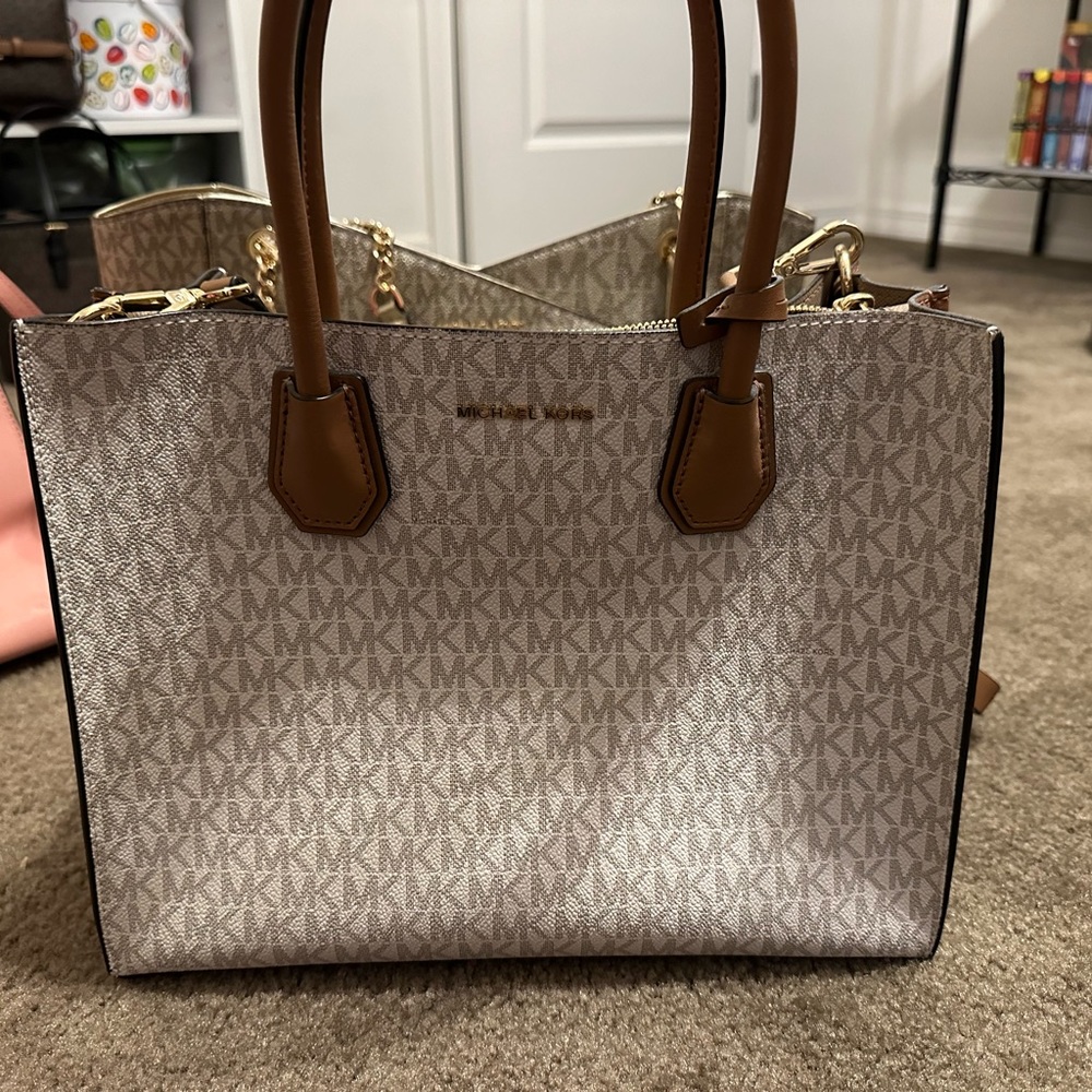 White and tan Michael Kors satchel purse